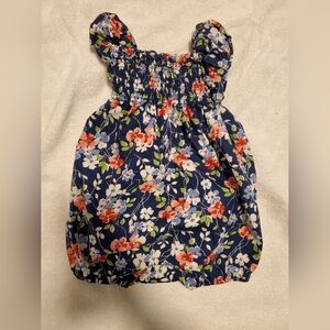 Ralph Lauren Navy Floral Smocked Romper with Coral & Green Accents